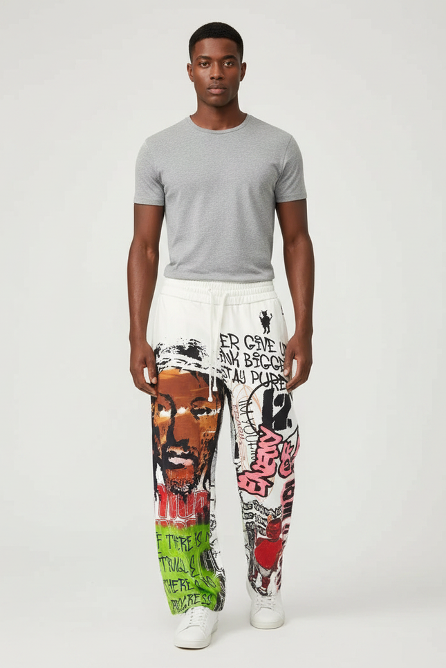 Pantalon Fluide Blanc Imprimé Graffiti Ample Décontracté Homme - Molleton