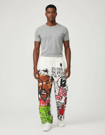Pantalon Fluide Blanc Imprimé Graffiti Ample Décontracté Homme - Molleton