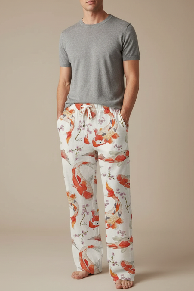 Pantalon Fluide Blanc Ample Imprimé Carpes Koï - Lin