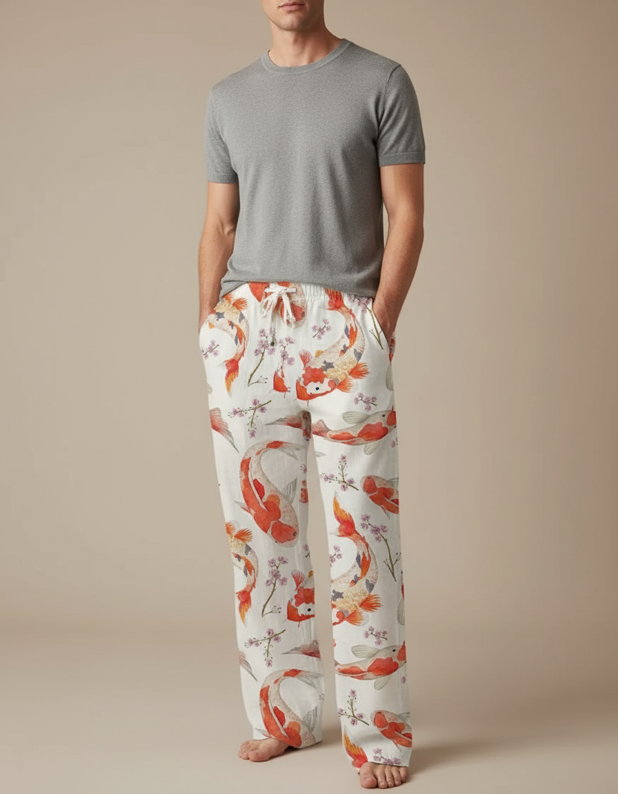 Pantalon Fluide Blanc Ample Imprimé Carpes Koï - Lin