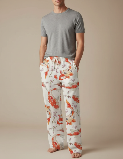 Pantalon Fluide Blanc Ample Imprimé Carpes Koï - Lin