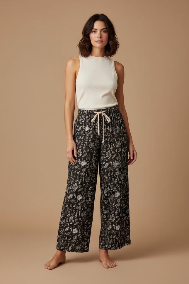 Pantalon Fluide Noir Ample Motif Floral Coton Femme