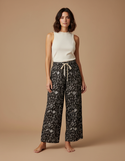 Pantalon Fluide Noir Ample Motif Floral Coton Femme