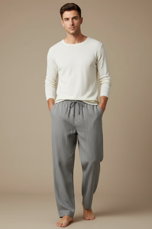 Pantalon Fluide Gris Ample Cordon Coton Décontracté