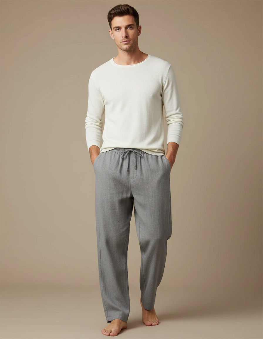 Pantalon Fluide Gris Ample Cordon Coton Décontracté