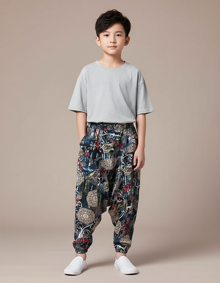 Pantalon Fluide Imprimé Floral Ample Décontracté Garçon - Viscose