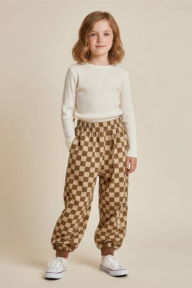 Pantalon Fluide Écru Carreaux Marron Ample Enfant - Molleton