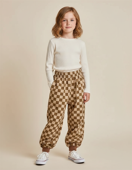 Pantalon Fluide Écru Carreaux Marron Ample Enfant - Molleton