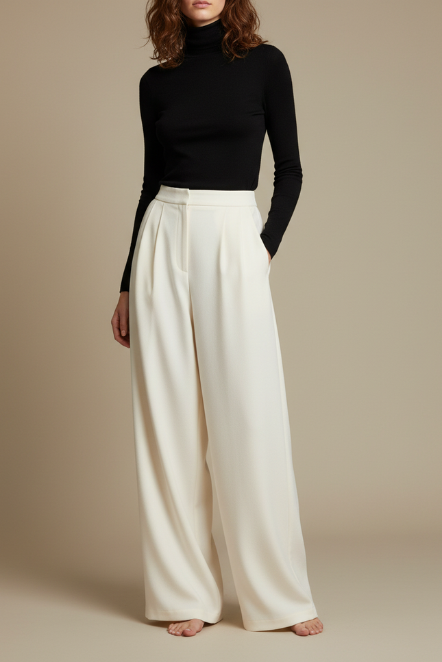 Pantalon Fluide Écru Ample Taille Haute Élégant - Beige Viscose