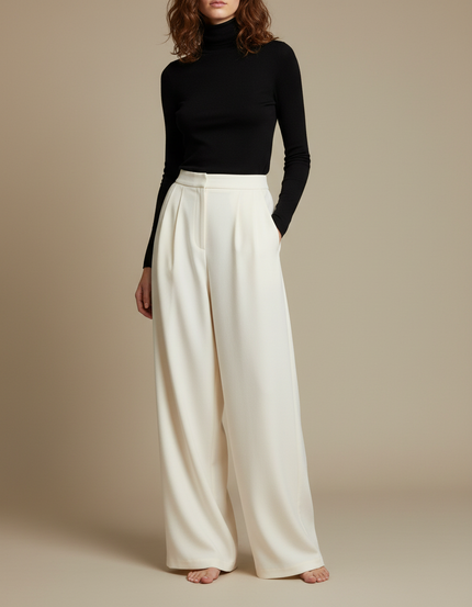Pantalon Fluide Écru Ample Taille Haute Élégant - Beige Viscose