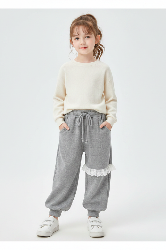 Pantalon Fluide Gris Ample Cordon Dentelle Décontracté Fille - Molleton