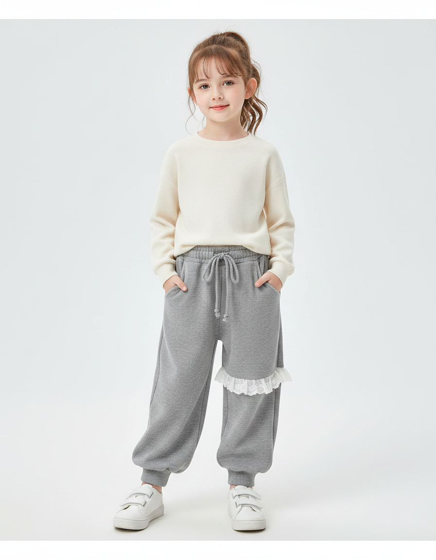 Pantalon Fluide Gris Ample Cordon Dentelle Décontracté Fille - Molleton