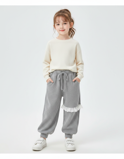 Pantalon Fluide Gris Ample Cordon Dentelle Décontracté Fille - Molleton