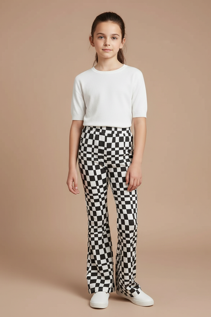Pantalon Fluide Évasé Carreaux Noir Blanc Fille - Imprimé Maille