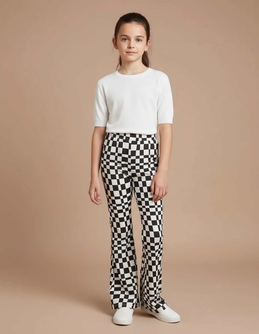 Pantalon Fluide Évasé Carreaux Noir Blanc Fille - Imprimé Maille