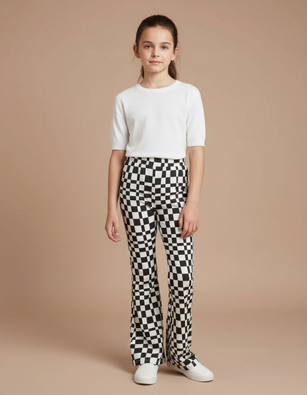 Pantalon Fluide Évasé Carreaux Noir Blanc Fille - Imprimé Maille