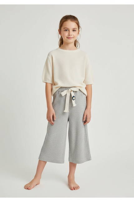 Pantalon Fluide Côtelé Gris Ample Décontracté Fille - Maille