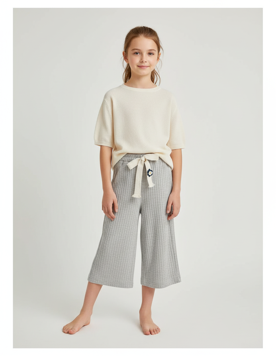 Pantalon Fluide Côtelé Gris Ample Décontracté Fille - Maille
