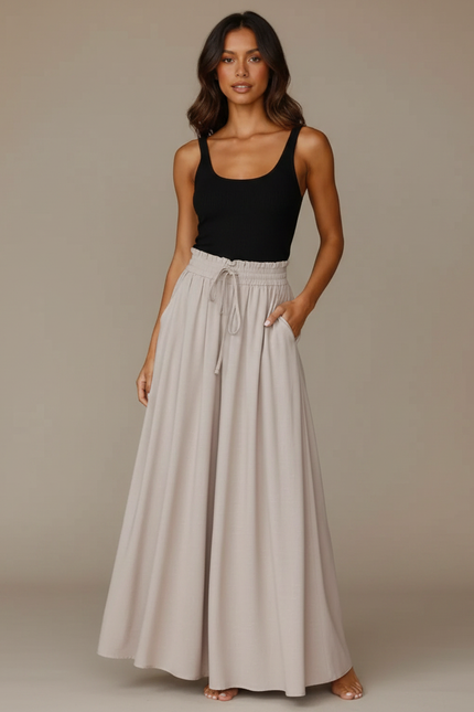 Pantalon Fluide Grande Taille Femme Taille Élastiquée - Beige Viscose