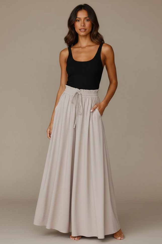 Pantalon Fluide Grande Taille Femme Taille Élastiquée - Beige Viscose