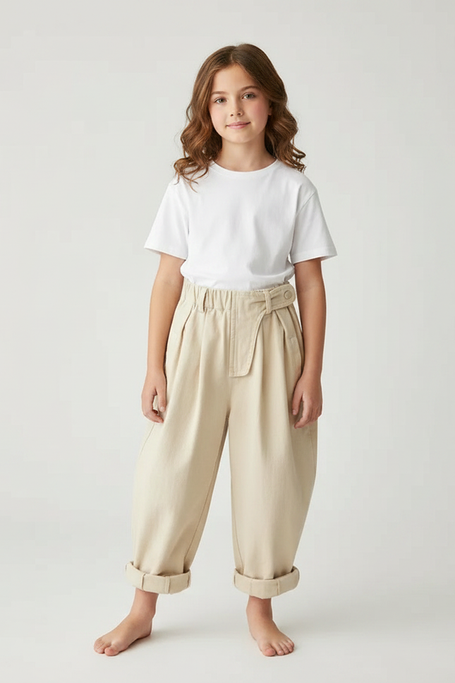 Pantalon Fluide Beige Coton Ample Enfant Taille Haute