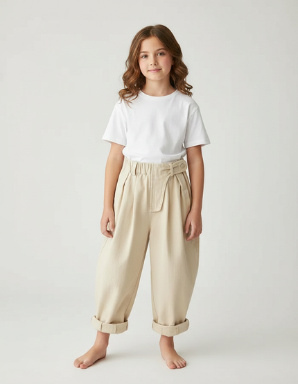 Pantalon Fluide Beige Coton Ample Enfant Taille Haute