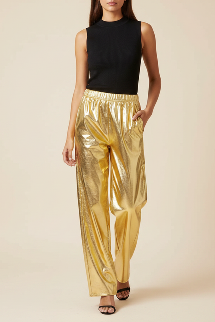 Pantalon Fluide Doré Métallisé Ample Taille Haute Brillant - Polyester
