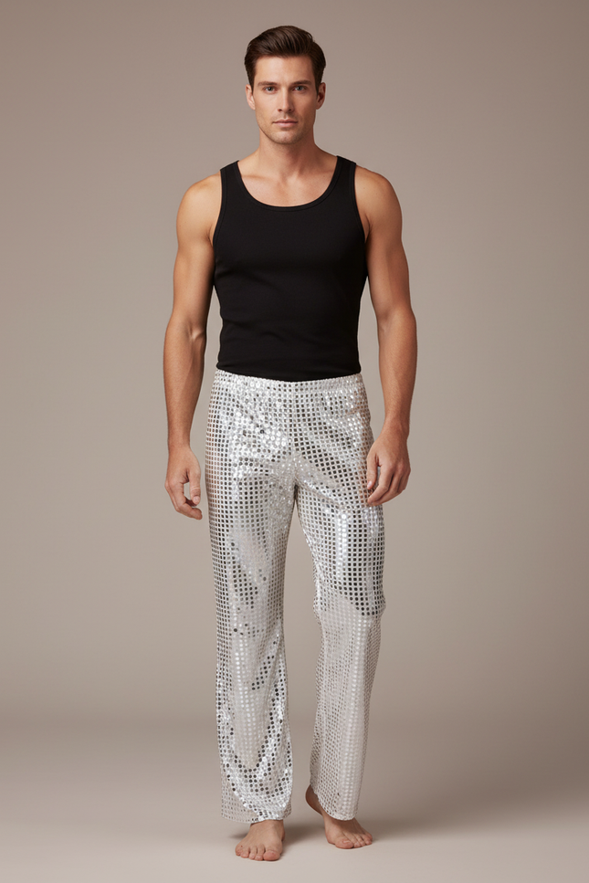 Pantalon Fluide Argenté Paillettes Évasé Disco Homme - Polyester