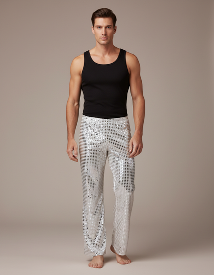 Pantalon Fluide Argenté Paillettes Évasé Disco Homme - Polyester