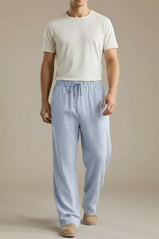 Pantalon Fluide Bleu Ciel Ample Léger Coton Homme