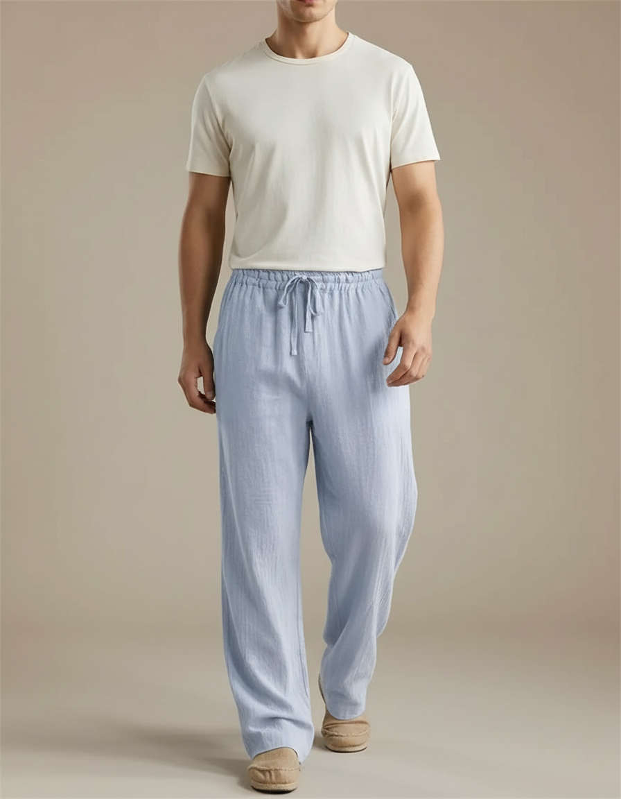 Pantalon Fluide Bleu Ciel Ample Léger Coton Homme