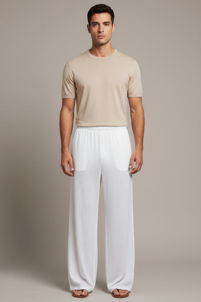 Pantalon Fluide Blanc Ample Maille Léger Homme
