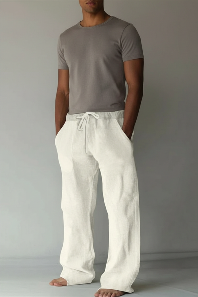 Pantalon Fluide Écru Lin Ample Décontracté Homme - Beige