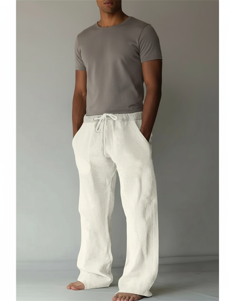 Pantalon Fluide Écru Lin Ample Décontracté Homme - Beige