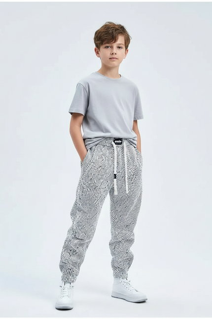 Pantalon Fluide Noir Blanc Ample Imprimé Géométrique Garçon - Tweed