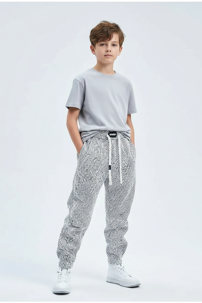 Pantalon Fluide Noir Blanc Ample Imprimé Géométrique Garçon - Tweed