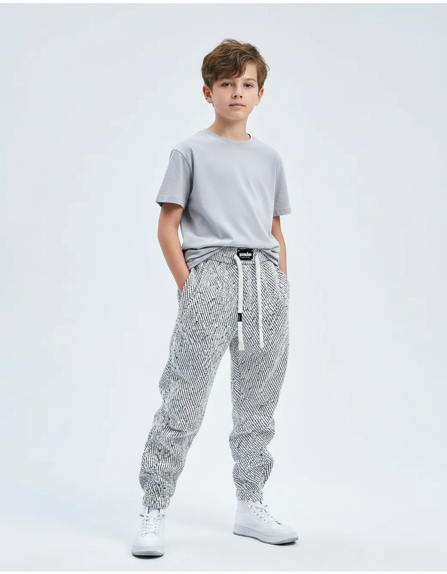 Pantalon Fluide Noir Blanc Ample Imprimé Géométrique Garçon - Tweed