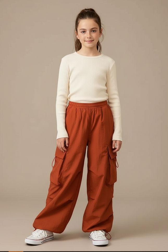 Pantalon Fluide Cargo Ample Orange Enfant - Polyester
