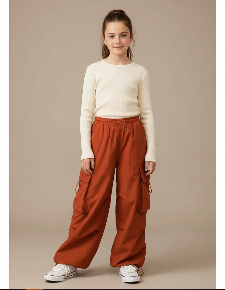 Pantalon Fluide Cargo Ample Orange Enfant - Polyester