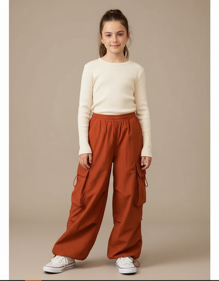 Pantalon Fluide Cargo Ample Orange Enfant - Polyester