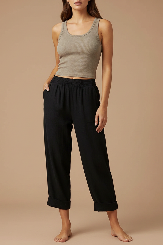 Pantalon Fluide Noir Ample Coton Lin Casual Confortable