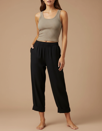 Pantalon Fluide Noir Ample Coton Lin Casual Confortable