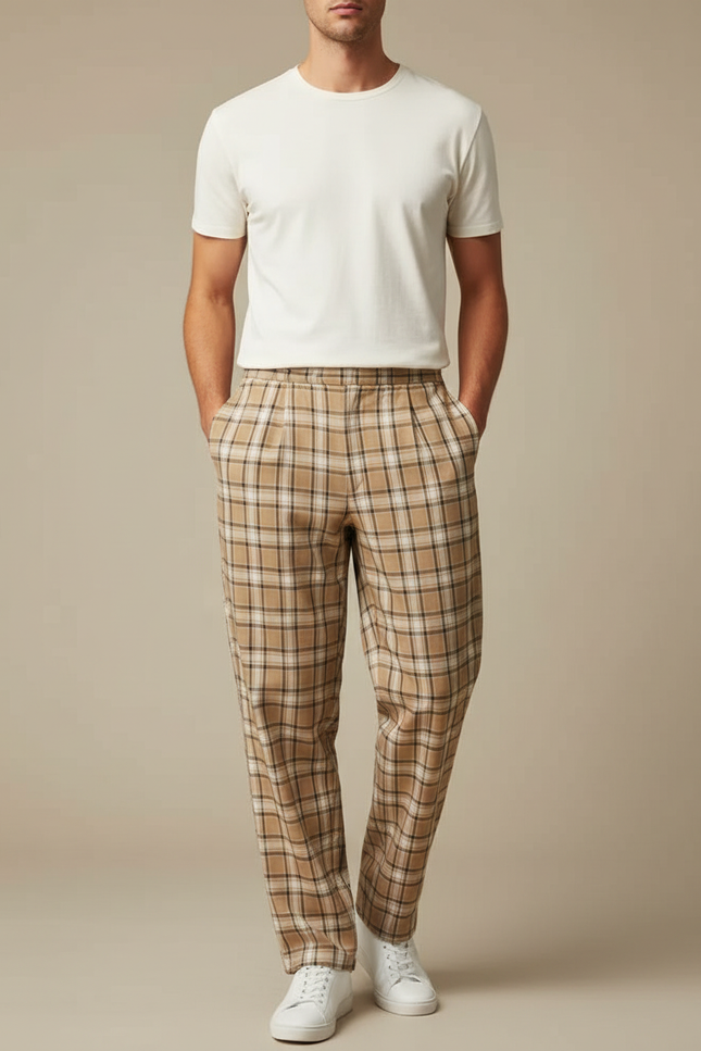 Pantalon Fluide Carreaux Beige Ample Décontracté Homme - Viscose