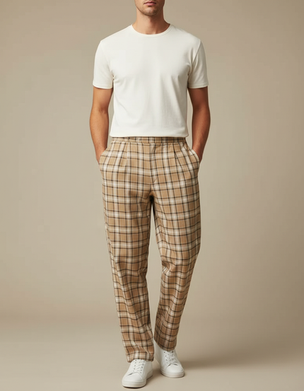 Pantalon Fluide Carreaux Beige Ample Décontracté Homme - Viscose