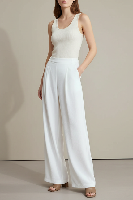 Pantalon Fluide Blanc Ample Plissé Décontracté Femme - Polyester