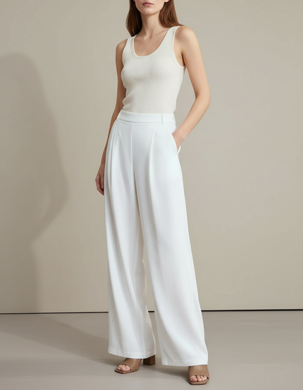 Pantalon Fluide Blanc Ample Plissé Décontracté Femme - Polyester
