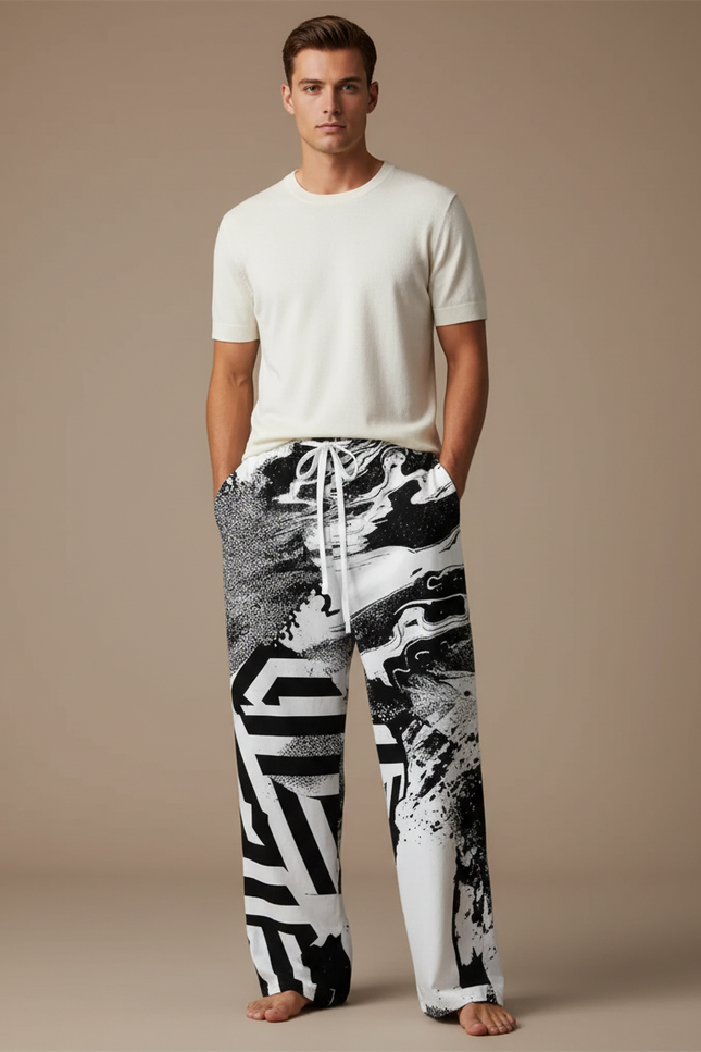 Pantalon Fluide Imprimé Abstrait Noir Blanc Ample Confortable - Viscose