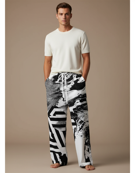 Pantalon Fluide Imprimé Abstrait Noir Blanc Ample Confortable - Viscose