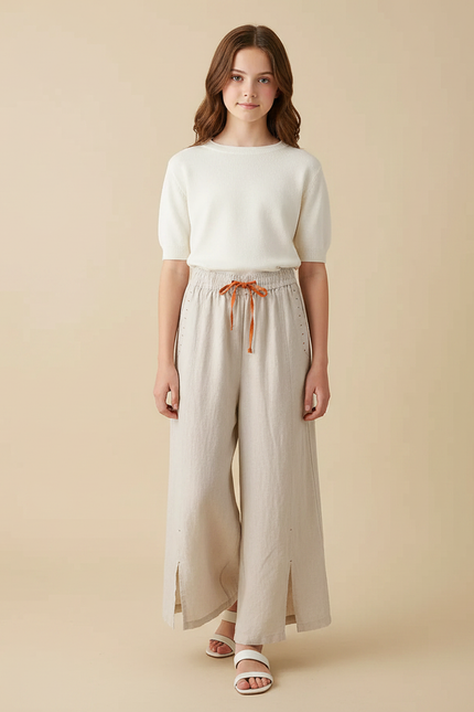Pantalon Fluide Beige Lin Ample Décontracté Fendu