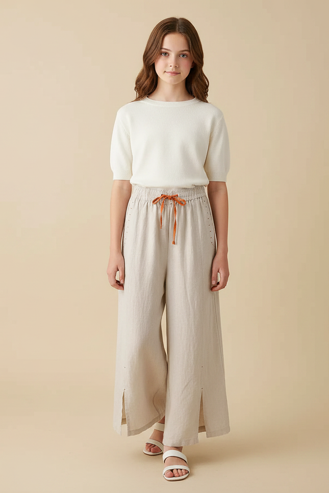 Pantalon Fluide Beige Lin Ample Décontracté Fendu